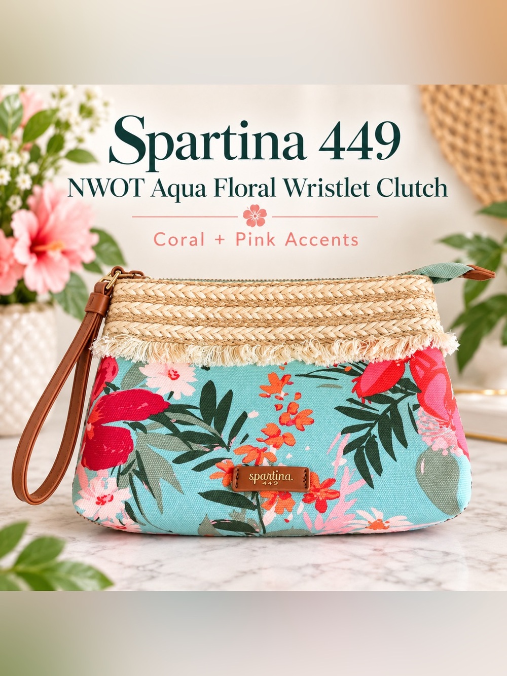 Spartina 449 Aqua Floral Wristlet Clutch with Coral and Pink Accents NWOT